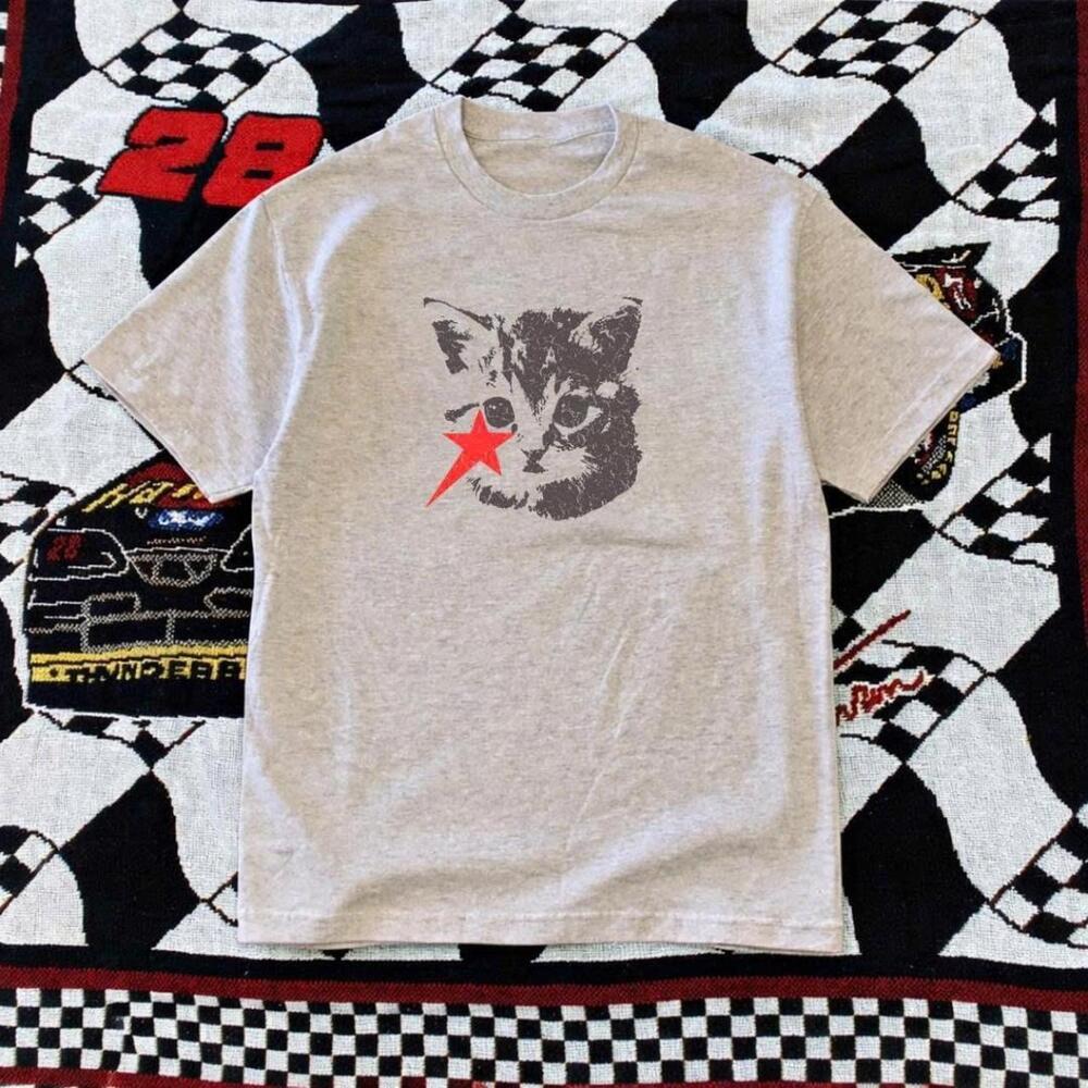 Grey And Red Cat Graphic Tee With A Vibe - Picture 1 of 4